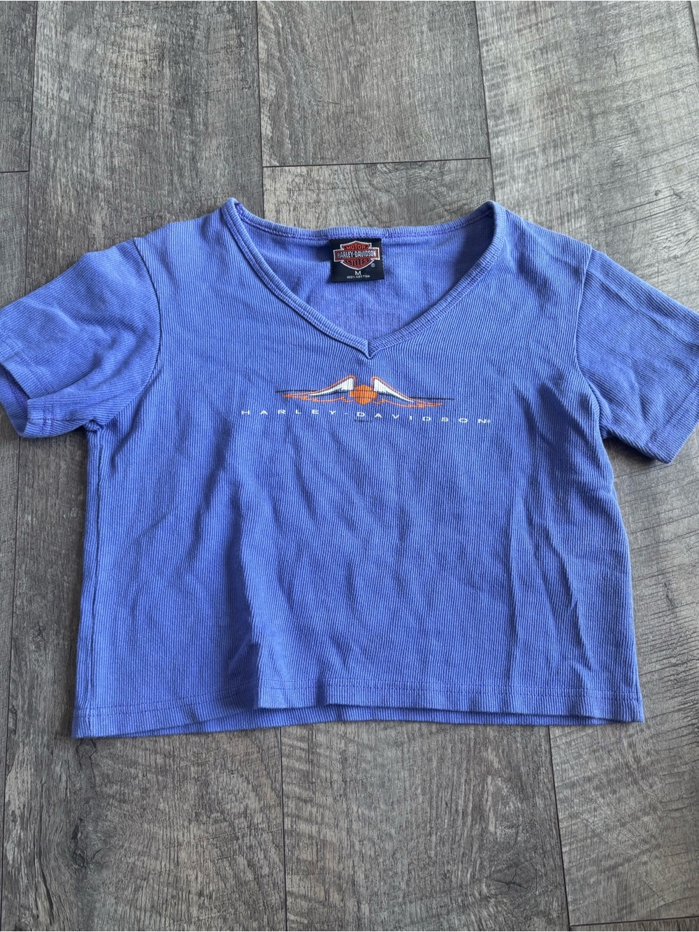 Harley-Davidson Blue V-Neck Cropped Tee with Orange Accent